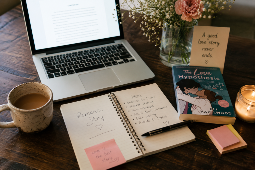 Alt text:
A cozy writer’s desk setup with a laptop, notebook open to romance story ideas, coffee mug, candle, flowers, and a romance novel beside handwritten notes, creating a warm and inspiring writing atmosphere.
