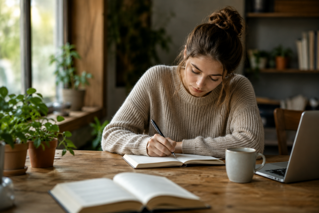 A writer improving writing skills by taking notes in a cozy home workspace surrounded by books and a laptop.